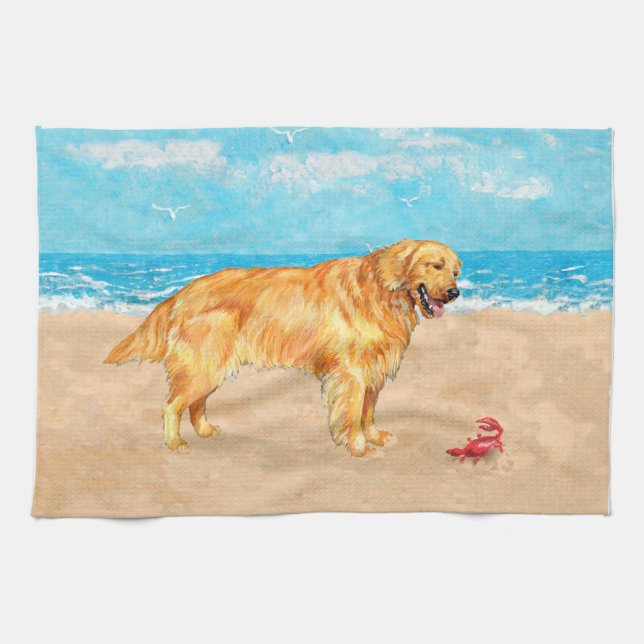 Paño De Cocina Golden Retriever en la Playa (Horizontal)
