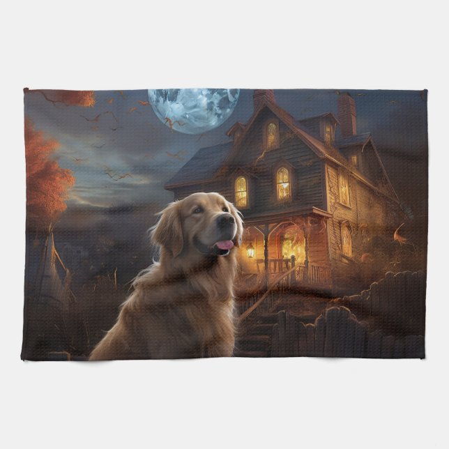 Paño De Cocina Golden Retriever Halloween Aterrador (Horizontal)