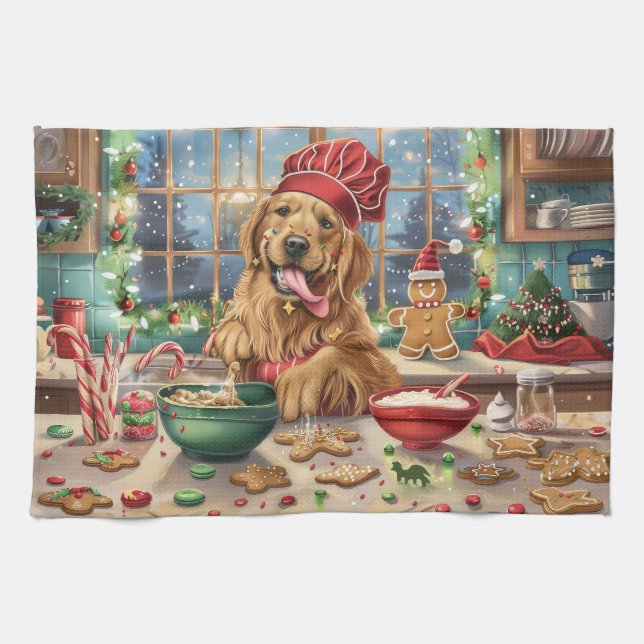 Paño De Cocina Golden Retriever Holiday Baking: Navidades festivo (Horizontal)