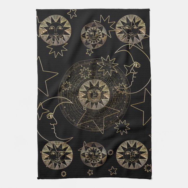 Paño De Cocina Golden Sun Moon Stars Arte de astronomía celestial (Vertical)