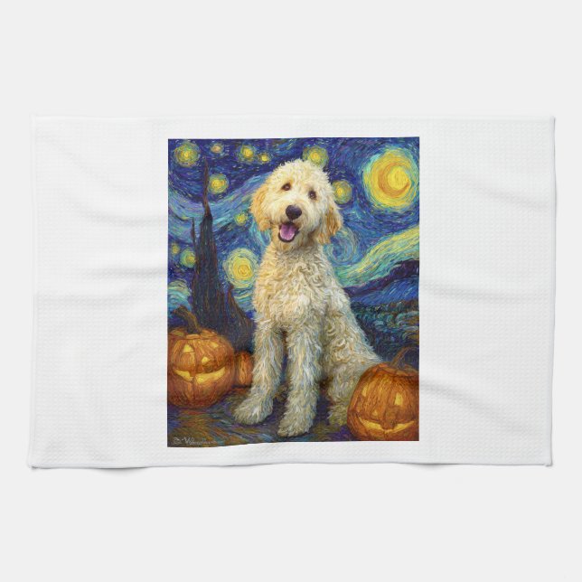 Paño De Cocina Goldendoodle Cute Dog Halloween Jack O Lantern Pum (Horizontal)