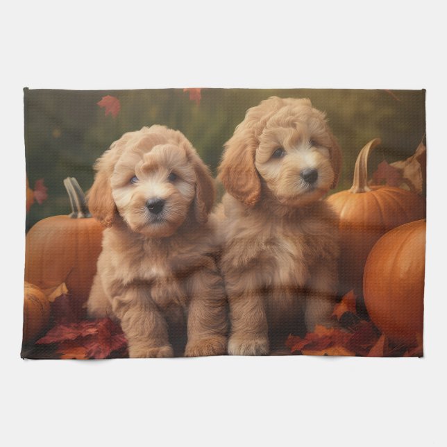 Paño De Cocina Goldendoodle Puppy Autumn Delight Pumpkin (Horizontal)