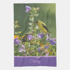Paño De Cocina Goldfinch en una flor harebell