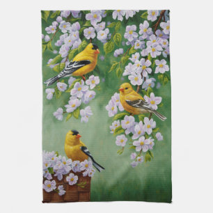 Paño De Cocina Goldfinches y flores de Apple rosadas de Estados U