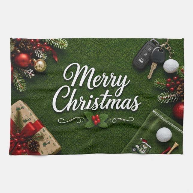 Paño De Cocina Golf con tema de Navidad en césped verde (Horizontal)