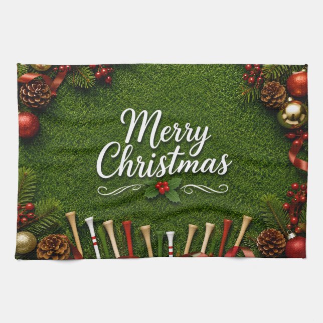 Paño De Cocina Golf con tema de Navidad sobre césped verde (Horizontal)