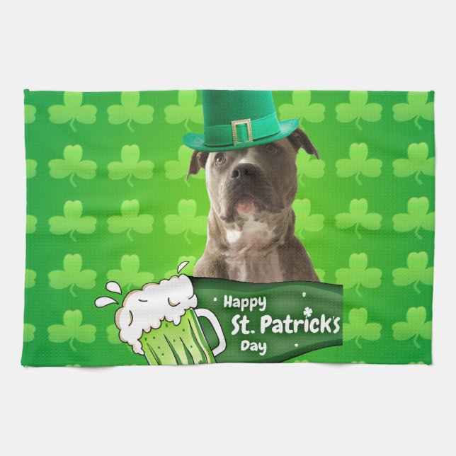 Paño De Cocina Gorra de Bulldog Cute Pit St. Patrick's Day w Clov (Horizontal)