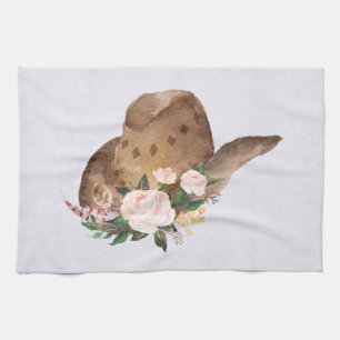 Paño De Cocina Gorra marrón de vaca con flores rosadas