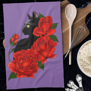 Paño De Cocina Gótico Gato Negro Rosas Rojas Púrpura