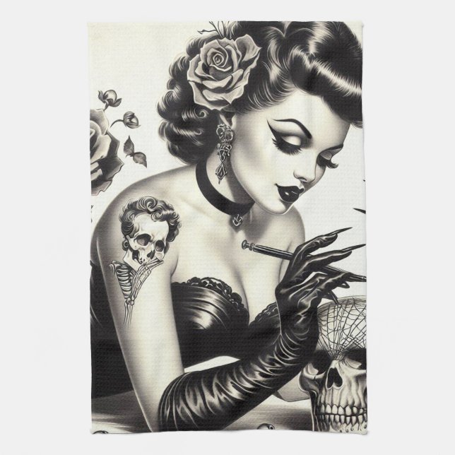 Paño De Cocina Gótico retro tatuado Pin-up (Vertical)