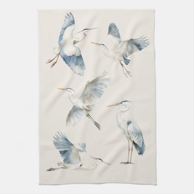 Paño De Cocina Gracetil Flying Blue Herons Pattern Cream (Vertical)