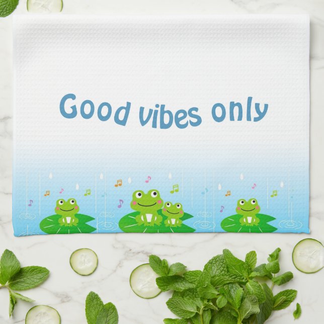 Paño De Cocina Graciosas ranas felices y buenas vibraciones sólo  (Doblado)