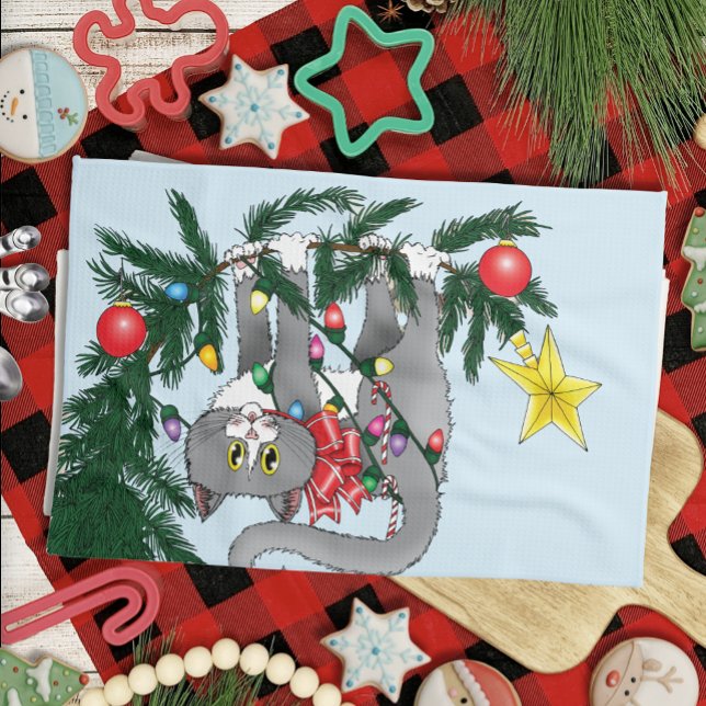 Paño De Cocina Gracioso gato colgante de árbol de Navidad (Subido por el creador)