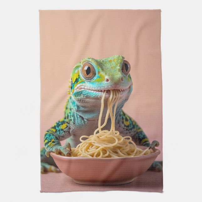 Paño De Cocina Gracioso Gecko comiendo Spaghetti (Vertical)