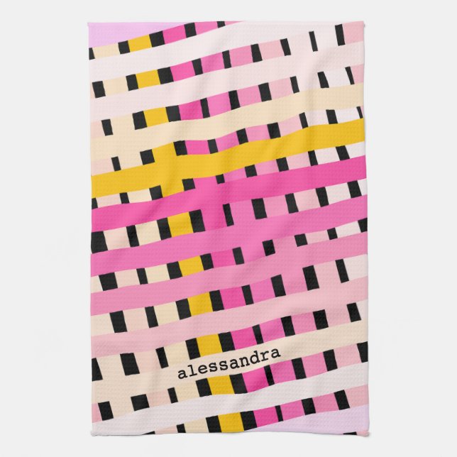 Paño De Cocina Gradiente de Cuadros Personalizados Rosa Amarillo  (Vertical)
