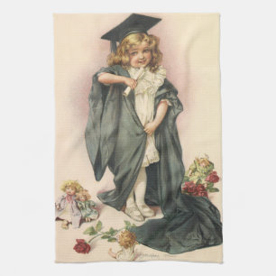 Paño De Cocina Graduación Vintage, niña con gorra y toga