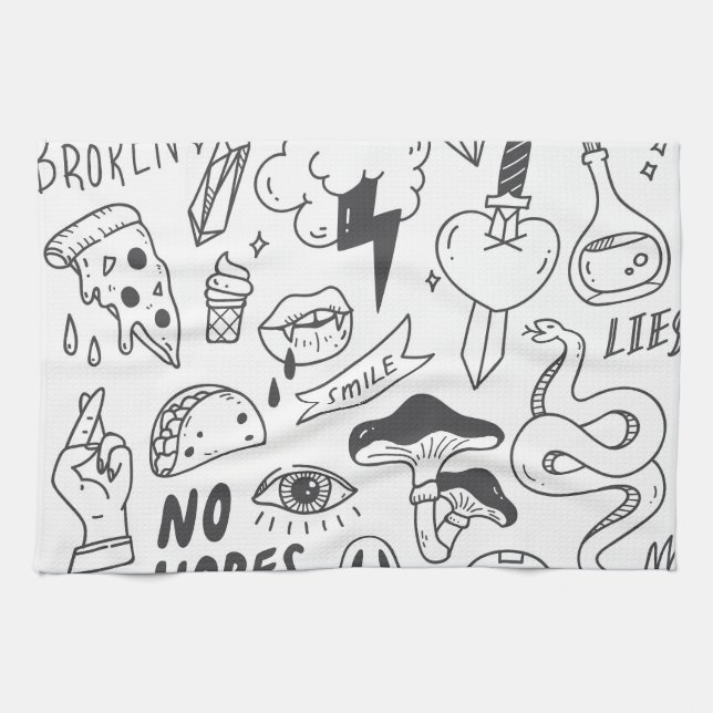 Paño De Cocina Graffiti lindo: Conjunto de arte Doodle. (Horizontal)