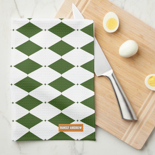 Paño De Cocina Grandes diamantes blanco y verde, simple y elegant (Doblado Cuarto)