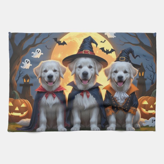 Paño De Cocina Grandioso perro de los Pirineos Calabaza Halloween (Horizontal)