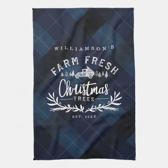 Paño De Cocina Granja de árbol de Navidad con manto azul de la ma (Vertical)