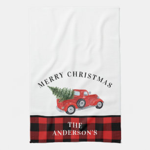 Paño De Cocina Granja de chapa de árbol de navidad de camión rojo