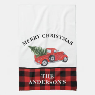 Paño De Cocina Granja de chapa de árbol de navidad de camión rojo