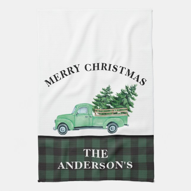 Paño De Cocina Granja de chapa de árbol de navidad de camión verd (Vertical)