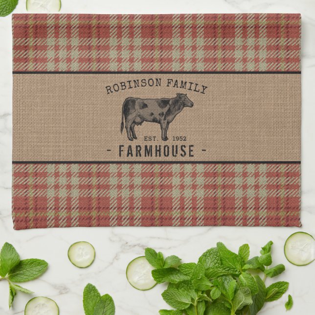 Paño De Cocina Granja de familia Rústica Vaca Red Plaid Burlap (Doblado)