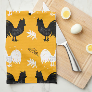 Paño De Cocina Granja de Gallos Rústicos Patrón Dibujado a Mano