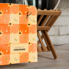 Paño De Cocina Granja rústica naranja gingham floral monogramado