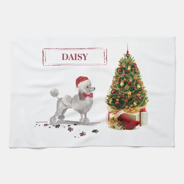 Paño De Cocina Gray Poodle Funny Navidades perro con árbol (Horizontal)