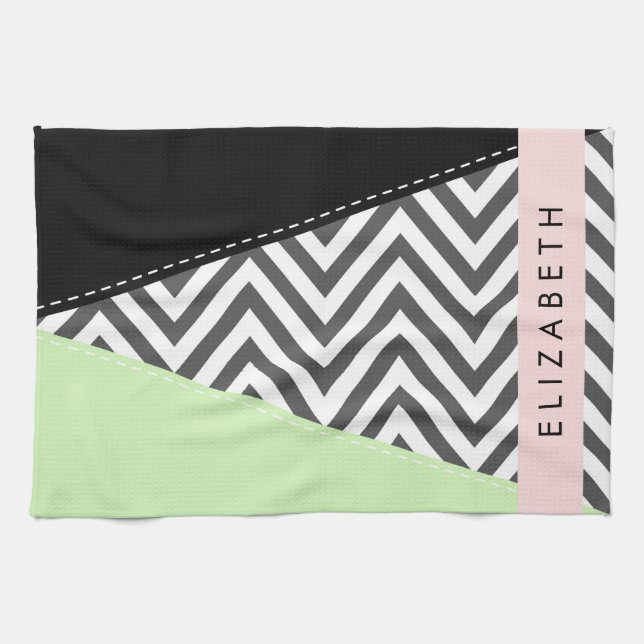 Paño De Cocina Gray Zigzag, Gray Chevron, Mint, Su Nombre (Horizontal)