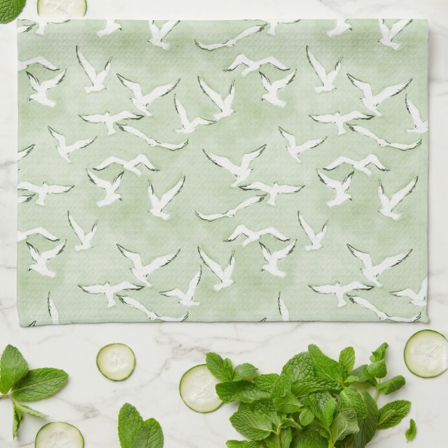 Paño De Cocina Green And White Seagull Beach Bird Pattern (Doblado)