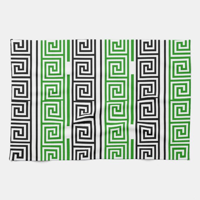 Paño De Cocina Green Black White Greek Key Fret Pattern Design  (Horizontal)