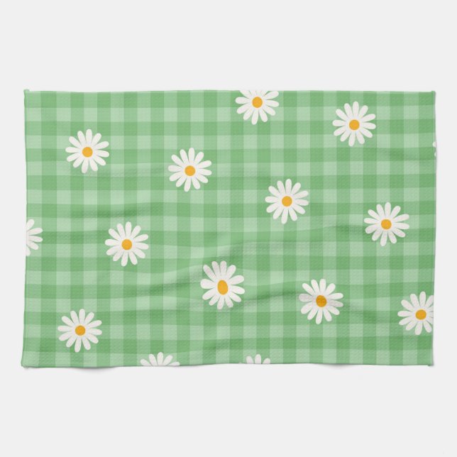 Paño De Cocina Green Daisy Plaid Gingham Check Flower Pattern (Horizontal)