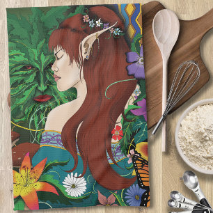 Paño De Cocina Green Man Elf Fantasy Floral