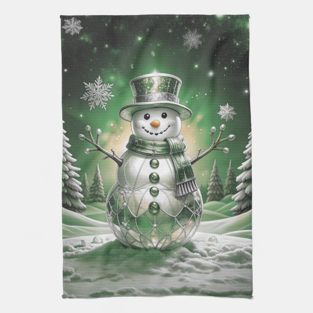 Paño De Cocina Green Snowman Snowflakes Holiday Kitchen Towel (Vertical)
