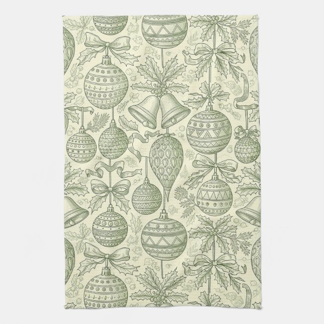Paño De Cocina Green Toile Christmas Bells & Ornaments Pattern 2 (Vertical)