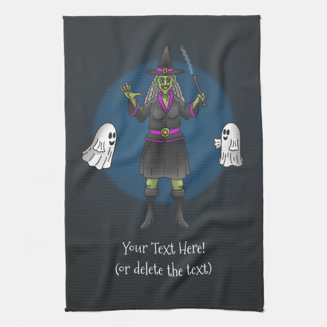 Paño De Cocina Green Witch and Ghosts Halloween Party (Vertical)