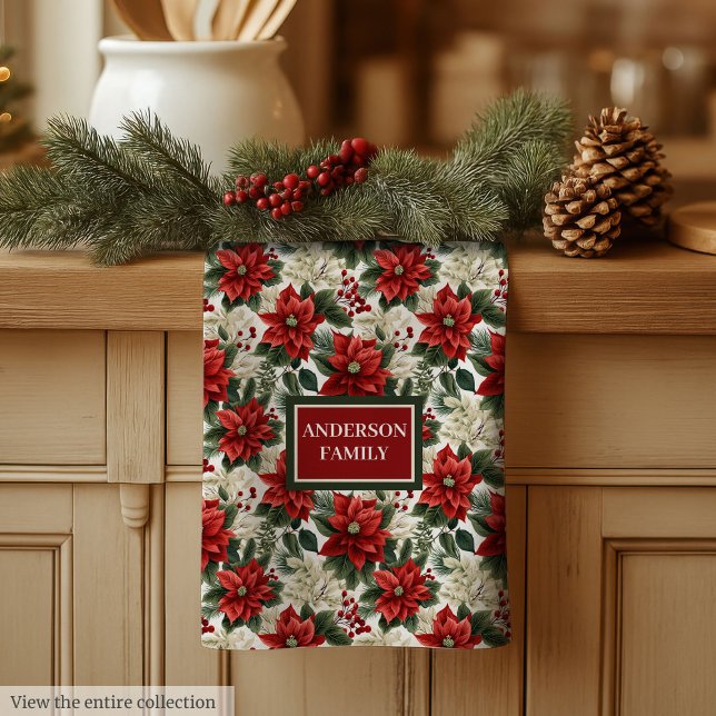 Paño De Cocina Greenery & Red Poinsettia Towel Elegant Holiday (Greenery & Red Poinsettia Towel Elegant Holiday)