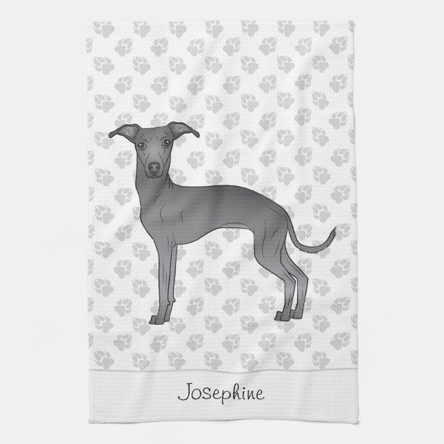Paño De Cocina Greyhound Azul Italiano Con Nombre Personalizado (Vertical)