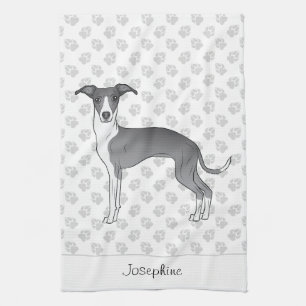 Paño De Cocina Greyhound Italiano Azul Y Blanco Con Nombre Person