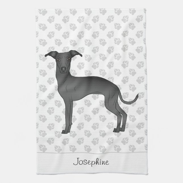 Paño De Cocina Greyhound italiano negro con nombre personalizado (Vertical)