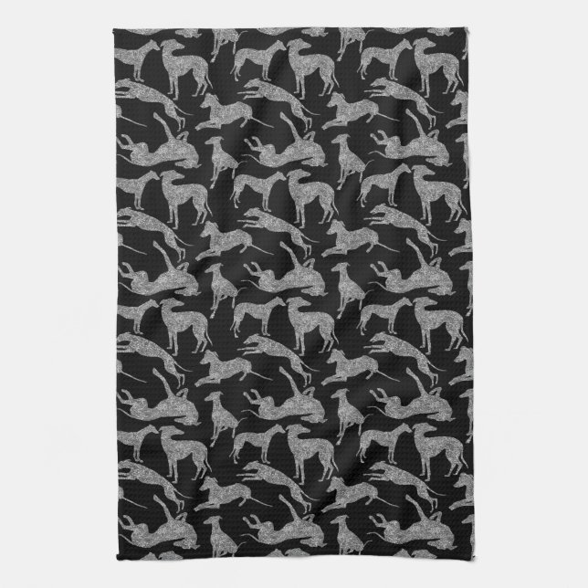 Paño De Cocina Greyhound Silhouettes Silver Faux Purpurina (Vertical)