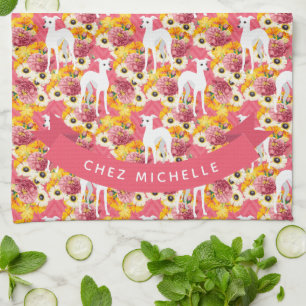Paño De Cocina Greyhounds blanco italiano o Whippets Floral rosa