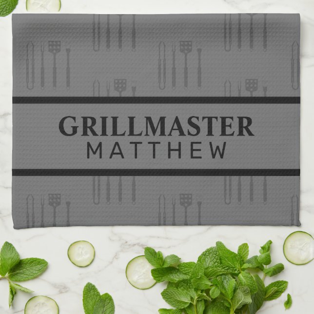 Paño De Cocina Grill nombre maestro padre día clásico gris negro (Doblado)