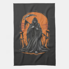 Paño De Cocina Grim Reaper Cartoon in Sunset Graveyard