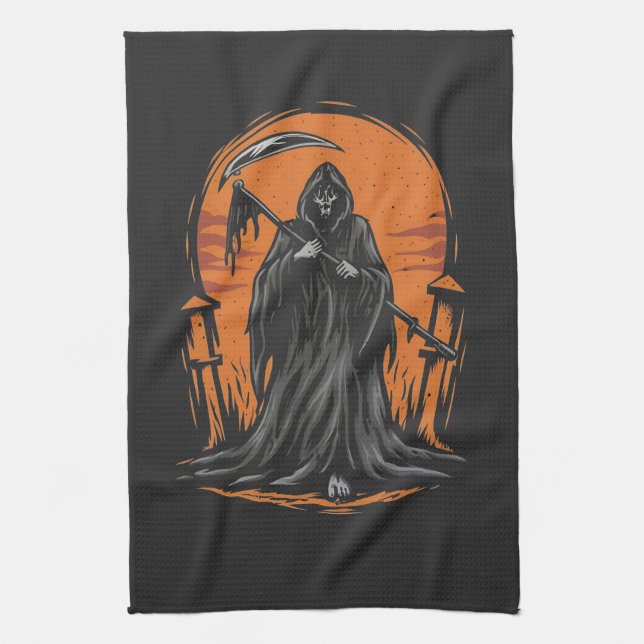Paño De Cocina Grim Reaper Cartoon in Sunset Graveyard (Vertical)