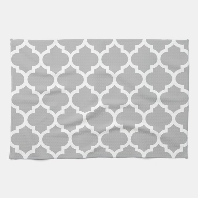 Paño De Cocina Gris Blanco Patrón de Cuatrefoil Marroquí #5 (Horizontal)