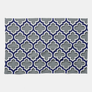 Paño De Cocina Gris Carbón Azul Marino Blanco Morisco Cuatrofoil 